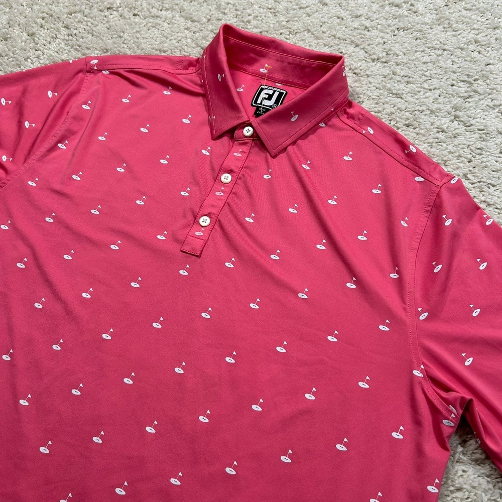 FootJoy Polo Shirt XL Pink Golf Flag Print Athletic Fit Short Sleeve Mens
